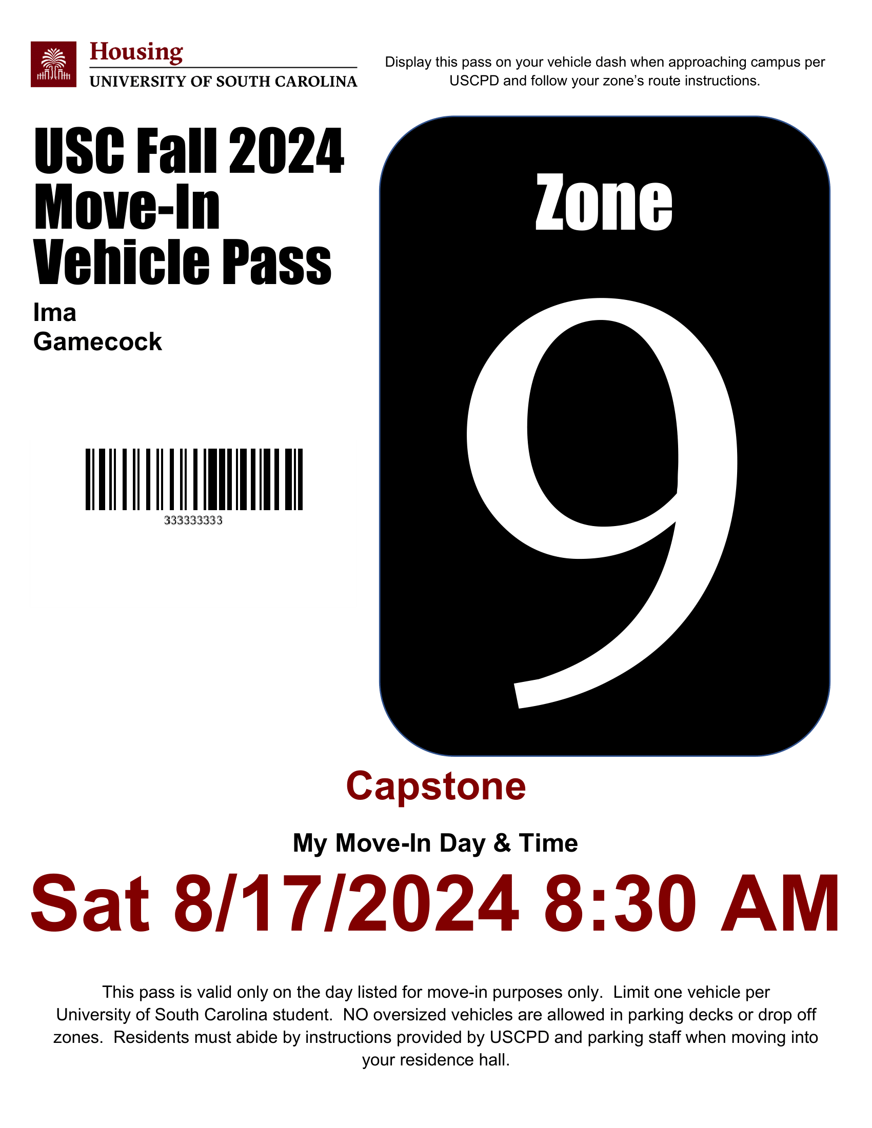 a move-in pass with zone 9 with a black backdrop