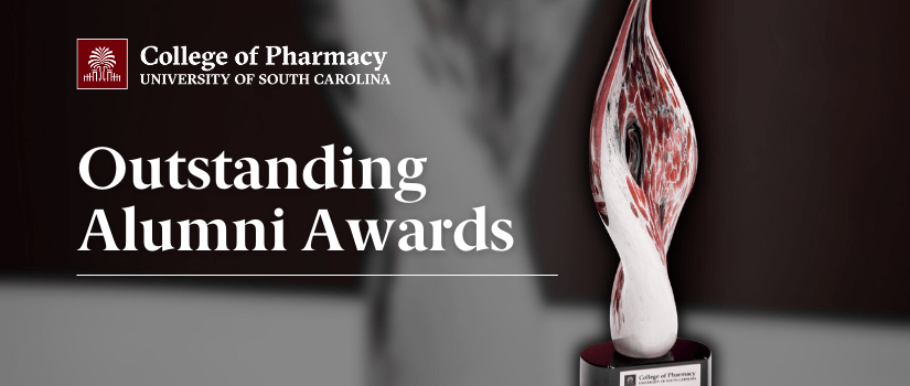 College of Pharmacy logo, Outstanding Alumni Awards, image of flame-shaped trophy