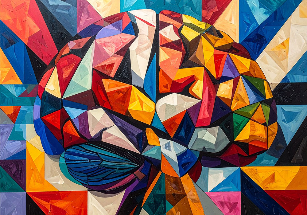 brain halftone with pencils on red background