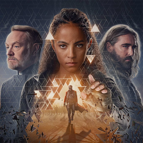 Close up of woman flanked by two men on a TV show publicity poster